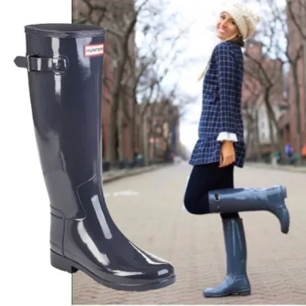 Hunter Women Glossy Original Tall Rain Boots Navy